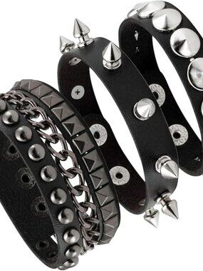 3 Pc Leather Punk Bracelet Men Women of Rock Rivet Wrap Retro Spike Goth Biker